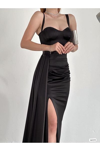 WoolnClyde Women's Black Sweetheart Neckline Open Shoulder Strap Glop Slit Fish Long Maxi Length Satin Fabric Evening Dress