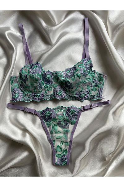 Nashera Set de lenjerie intima sutien bralette cu sârmă cu broderie florală verde