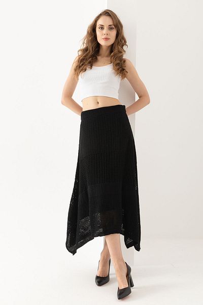 Lendora Openwork Detailed Elastic Waist Lining Inner Long Knitwear Black Skirt