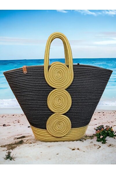 GNG Home Tekstil Ψάθινη τσάντα ώμου και παραλίας Μαύρο-μπεζ