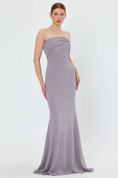 WoolnClyde Women's Gray Chest Detailed Glittery Fukuro Fabric Maxi Fish Model Strapless Evening Dress