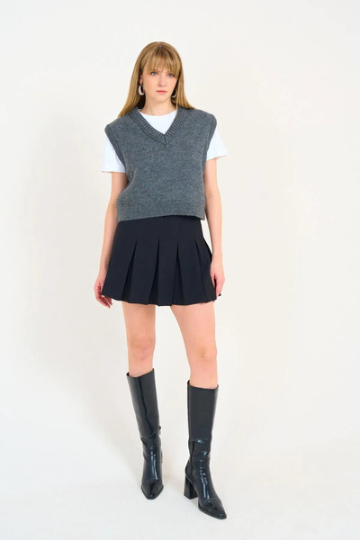 motina Kadın Gri V Yaka Fitilli Kenarlı Kolsuz Süveter