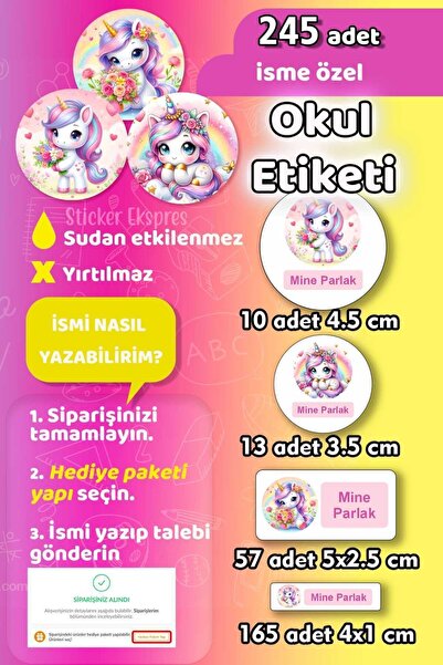 Sticker Ekspres Okul Etiketi Sevimli Unicorn Kalem Defter Etiketi Özel İsim Y...