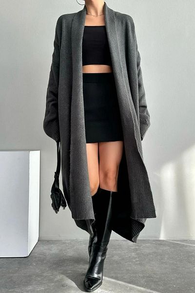 motina Anthracite Colored Women's Long Cardigan - Shawl Collar
