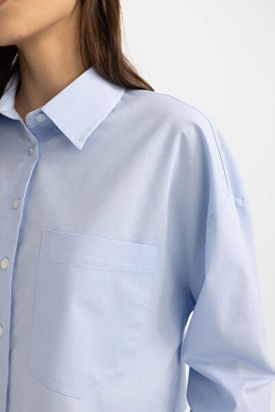 Narstorm Yanı Kemer Detaylı Mavi Crop Gömlek