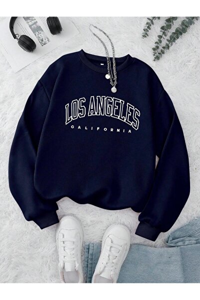 coolart لوس أنجلوس - سويت شيرت شتوي سميك كبير الحجم مطبوع باللون الأزرق الداك...