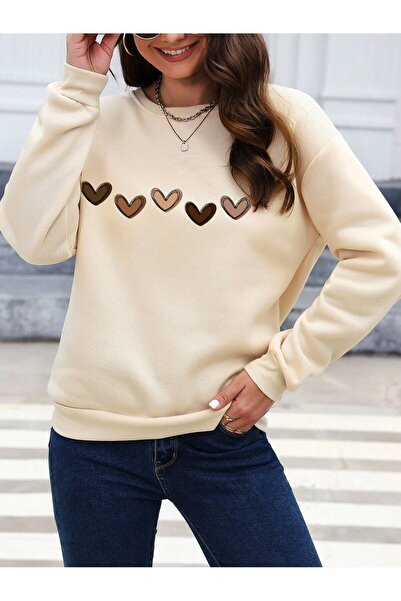 coolart Μπεζ Φούτερ Oversize - Σχέδιο Καρδιές Πέντε, Λαιμόκοψη Τύπου Crew