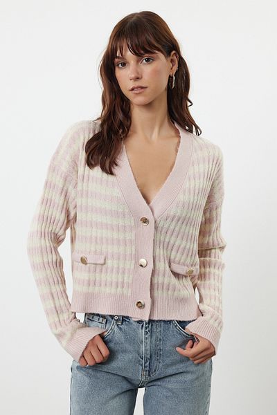 Trendyol Collection Powder Soft Textured Striped Knitwear Cardigan TWOAW23HI00266