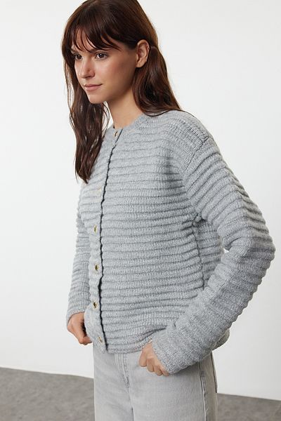 Trendyol Collection Crew Neck Gray Knitwear Cardigan - Jacket Look, Textured Twoaw25Hi00141
