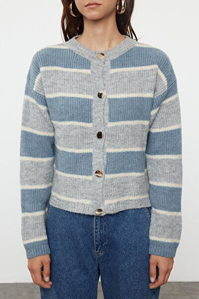 Trendyol Collection Crew Neck Gray Knitwear Cardigan - Soft Texture, Color Block Twoaw25Hi00279