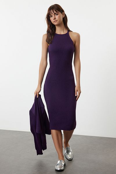 Trendyol Collection Μωβ Πλεκτό Μίντι Βασικό Φόρεμα Ζακέτα TWOSS23EL00738