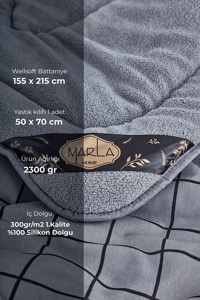 MARLA HOME طقم لحاف ويلسوفت فردي منقوش باللونين الأسود والرمادي - بطانية ناعمة منفوشة
