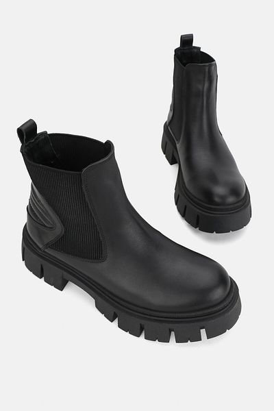 TUNAELLİ Women's Black Genuine Natural Leather Thick Heel Chelsea Boots & Booties
