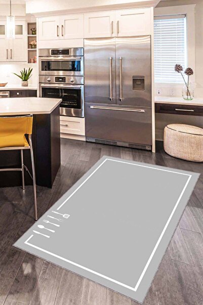 Viva Home Gri Kaymaz Tabanlı Kaşık Desenli Mutfak Halısı Yolluk VH114