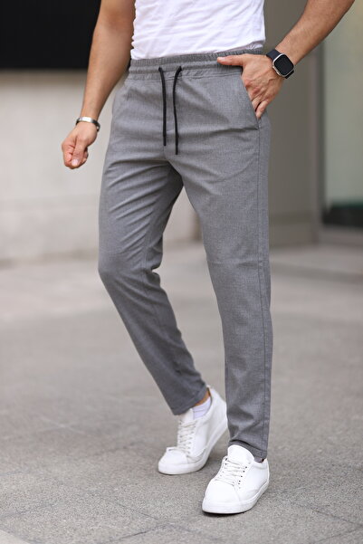 Bürke Men's School Gray Elastic Waist Lace up Stretchy Fitted Jogger Pants Fabric Trousers