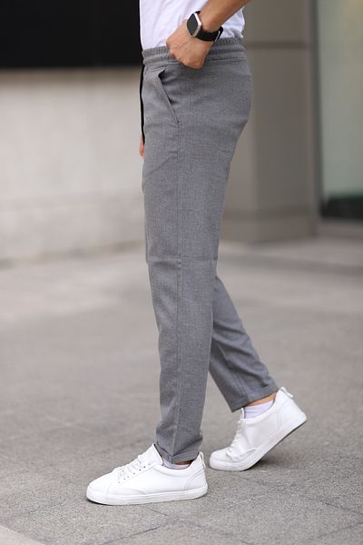Bürke Men's School Gray Elastic Waist Lace up Stretchy Fitted Jogger Pants Fabric Trousers