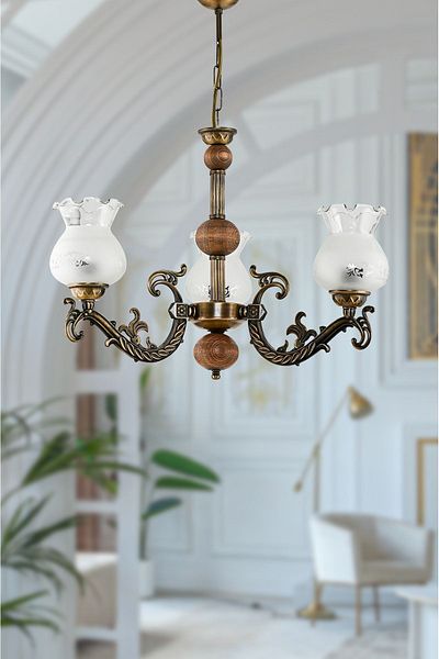 DEDE THREE ARM WOODEN WASHED ELBE CASTED ZAMAK CHANDELIER MATTE WHITE GLASS