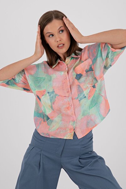 ŞEYDA ERTEM FIRÇA DESEN ÇOK RENKLİ PAMUKLU FLOŞ GÖMLEK