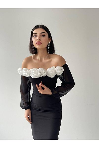 Julishop Women's Black Color Strapless White Rose Detailed Collar Sleeves Transparent Premium Midi Dress