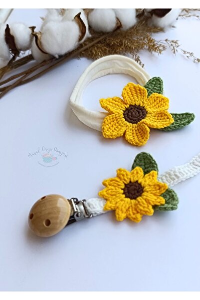 Masal Örgü Dünyası Ayçiçeği Temalı Bebek Bandana & Emzik Askısı Set