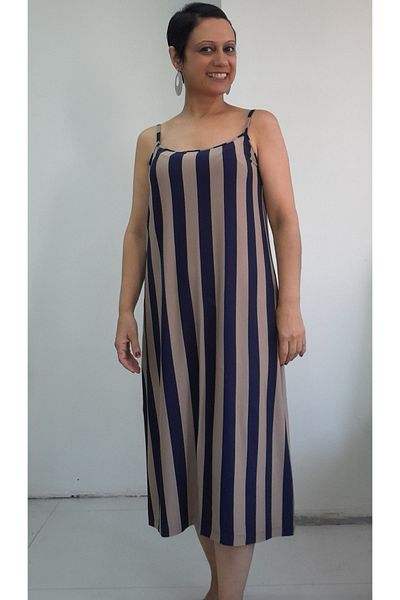 Mertcan Butik Μπλε Navy Latte Βαμβακερό Βισκόζη Φόρεμα - Ρίγες και Λουράκια