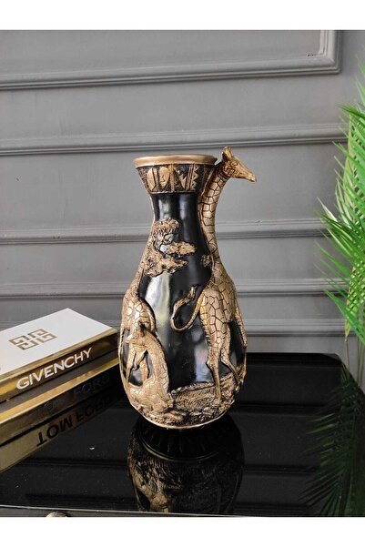 SZN DEKOR Siyah Ve Gold Detaylı Üç Boyutlu Safari Temalı Zürafalı Vazo, Masa Üstü Vazo, Konsol Üstü Dekoru