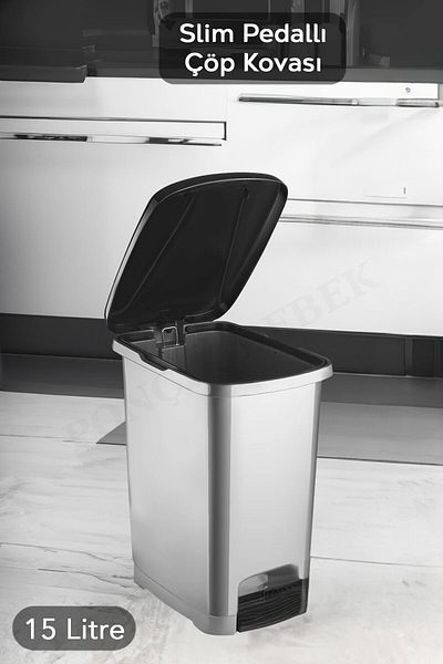 PONÇİK STORE Pedal Pearlescent Gray Bathroom Kitchen Trash Can Black Lid Slim Pedal Trash Can 15 Liters
