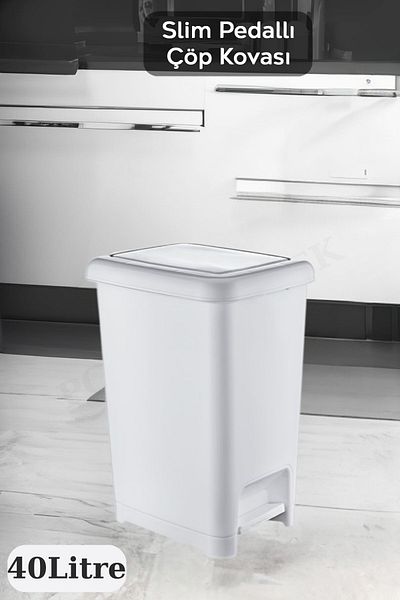 PONÇİK STORE White Bathroom Kitchen Trash Can with Pedal Black Lid Slim Pedal Trash Can 40 Liters