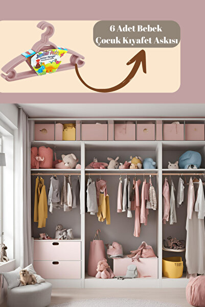 PONÇİK BEBEK 6'Lı Bebek Elbise Askısı - Dolap Düzenleyici Çocuk Kıyafet Askısı PEMBE