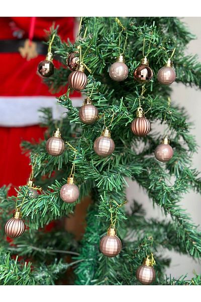 QUEEN AKSESUAR Imported New Year's Luxury 24-Piece Mini Brown Matte Metal Shiny Mixed Mini Pine Tree Ball Decoration Set