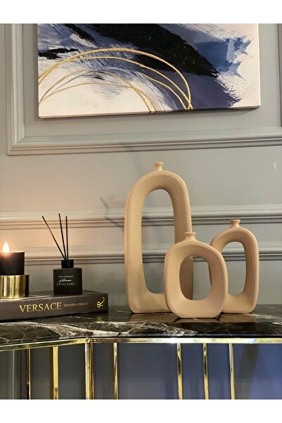 AstreHome Seramik Özgün Tasarım Dekoratif 3'lü Takım Vazo- Sütlü Kahve (mocha)