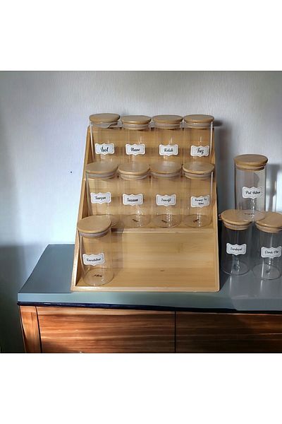 MİEN Bamboo 3-Tier Folding Pedestal Jar Stand, Drawer Spice Rack Stand Jar Set with Label