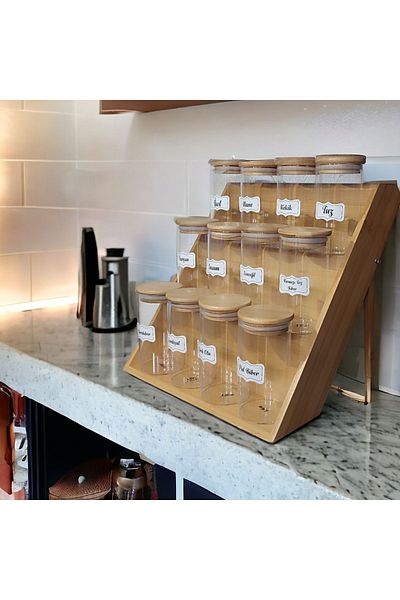 MİEN Bamboo 3-Tier Folding Pedestal Jar Stand, Drawer Spice Rack Stand Jar Set with Label