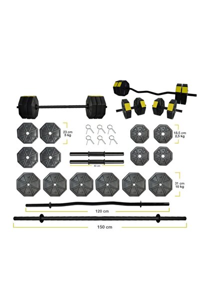 TAN SPOR 90 Kg Düz Bar (150 Cm ) Z Bar ( 120 Cm )dambıl Full Halter Set Sarı Kapaklı