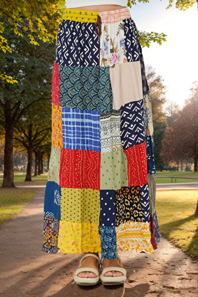 Loomora Kadın Bohem Tarz Patchwork Desenli Rahat Kalıp Yazlık Uzun Etek