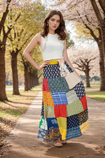 Loomora Kadın Bohem Tarz Patchwork Desenli Rahat Kalıp Yazlık Uzun Etek