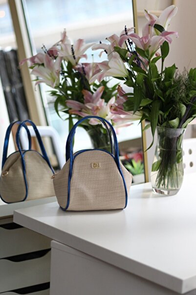 Moom Bag Γυναικεία τσάντα ώμου με διπλό λουράκι σε μπλε χρώμα με όψη ψάθινου ...