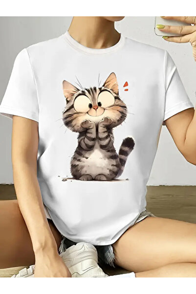 GALASHOP تي شيرت بنمط القطة السعيدة