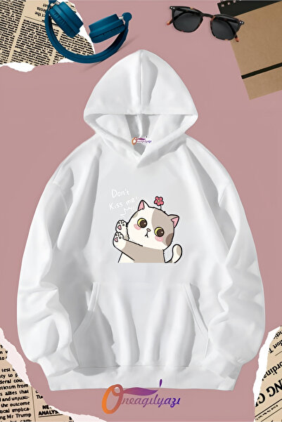 oneagılyazı سويت شيرت بطبعة قطة بغطاء للرأس