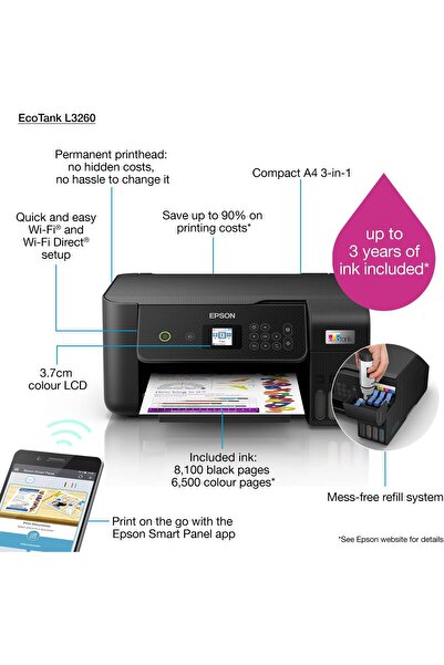 EPSON طابعة EcoTank 3 في 1 Wi-Fi L3260 باللون الأسود