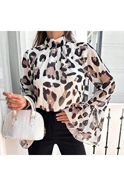 Moda ZR Leopard Patterned Chiffon Women's Blouse - Flounced Sleeve