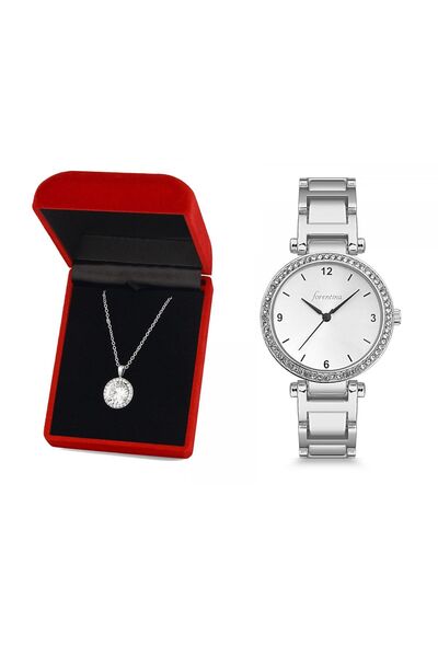 Forentina Beyaz Metal Kol Saati Zirkon Taşlı Kolye Kombin Set - Ps246600tr