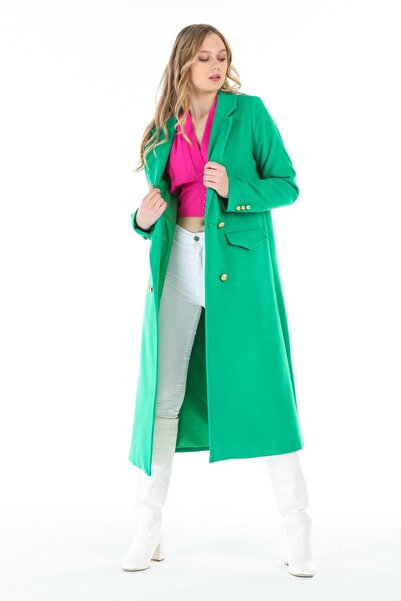 Pitti Women's Grass Green Gold Buttoned Coat 70553