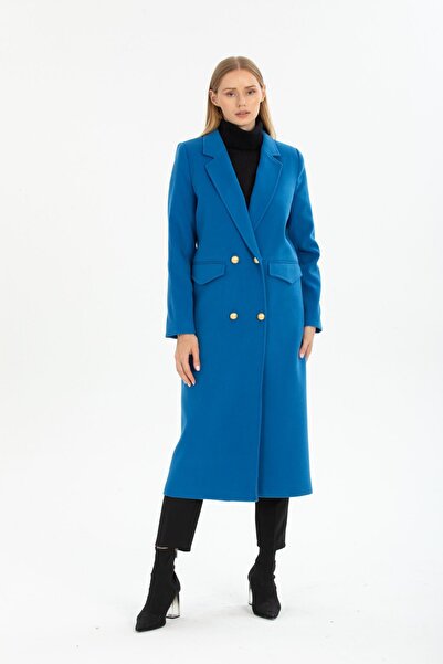 Pitti Kadın AÇIK SAKS Gold Düğmeli astarlı Uzun Kaşe Kaban 70553