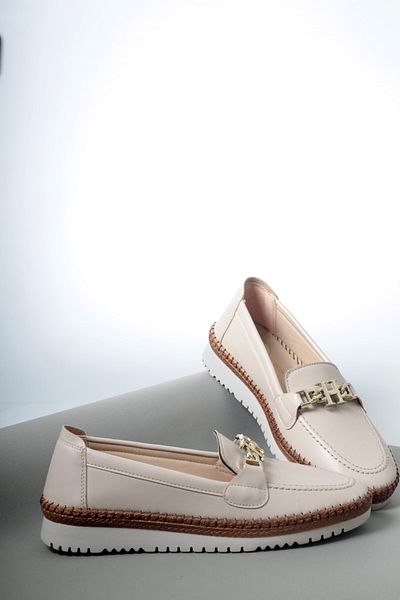 ayakkabiyolla Gold Belt Detailed - Hand Stitched Full Orthopedic Cream Shoes