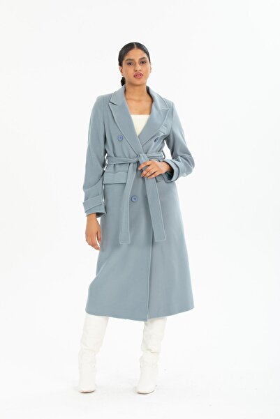 Pitti Women's Gray Blue Eyebrow Buttoned Belted Men's Collar Lined Coat 70607