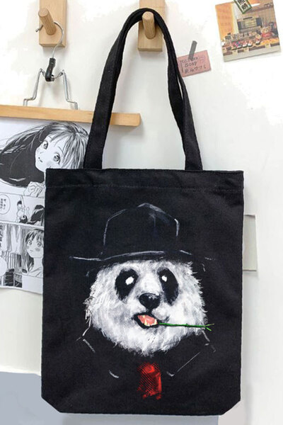 Takım Elbiseli Panda Siyah Unisex Kanvas Çanta Gabardin Canvas