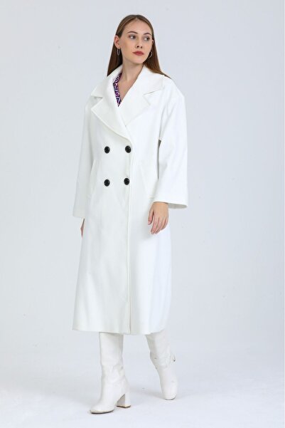 Pitti Women's White Long Black Buttoned Cashmere Lined Coat