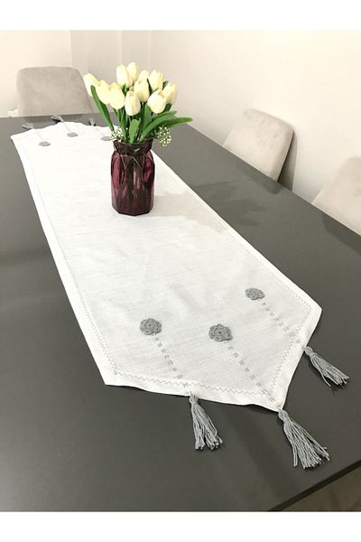 Parla Life Flower Braided Grey Glittery Gardenia Fabric Runner 40x140 cm