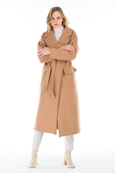 Pitti Kadın Camel Erkek Yaka Uzun Siyah Astarlı Kaban 70601